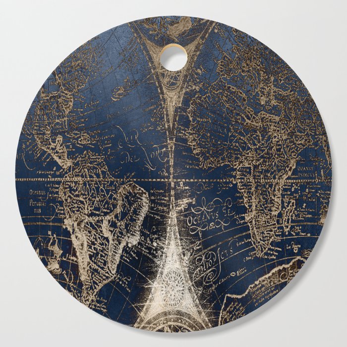 World Map Deep Blue and Gold Cutting Board