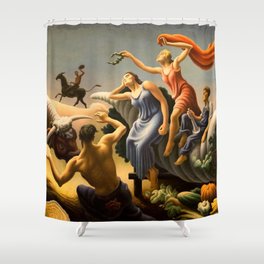 The Fruited Plain, Achelous and Hercules Mural Panel 3 landscape painting by Thomas Hart Benton Shower Curtain