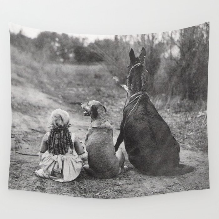 A Girl, Her Dog, and Her Horse wonderful black and white photograph - photography Wall Tapestry