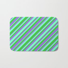 [ Thumbnail: Aquamarine, Lime Green, and Purple Colored Striped/Lined Pattern Bath Mat ]