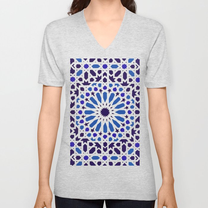 V19 Epic Light Blue Traditional Moroccan Pattern Design . V Neck T Shirt