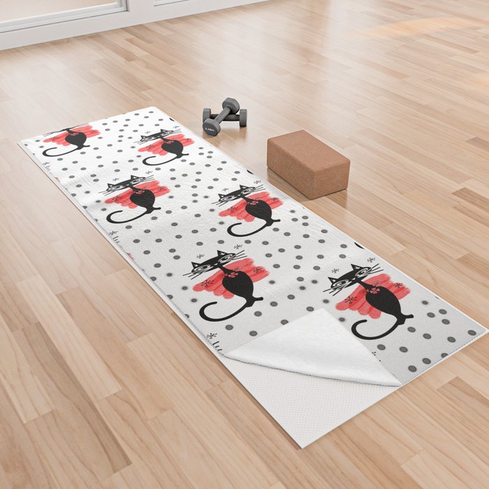 Mid Century Black Cat Pattern Retro Black And White Cat Pattern Yoga Towel