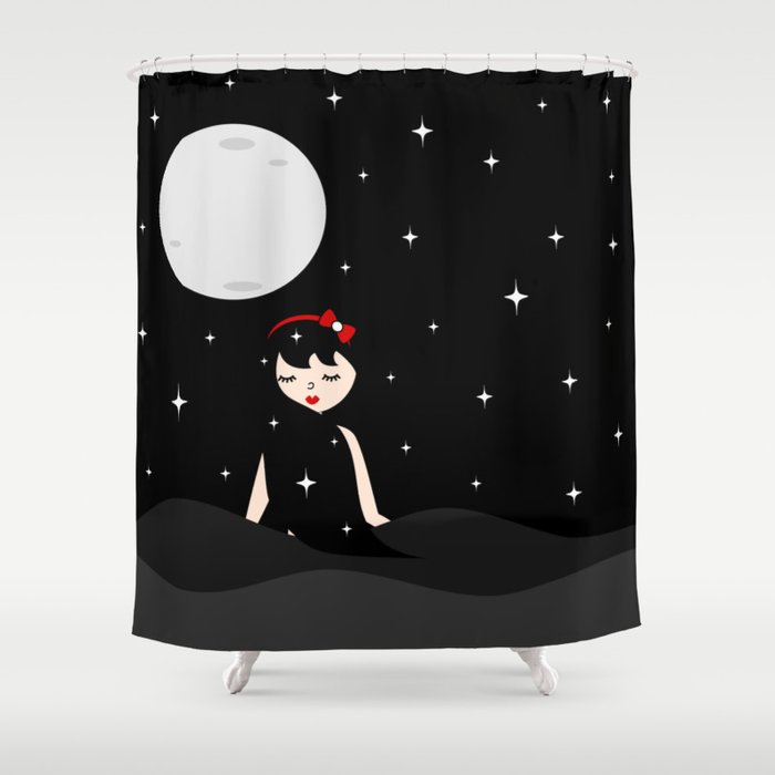 Cute Lovely Girl With Long Hair Night Sky With Stars And Moon