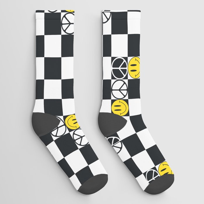 Checkered Smiley Face & Peace Sign Socks