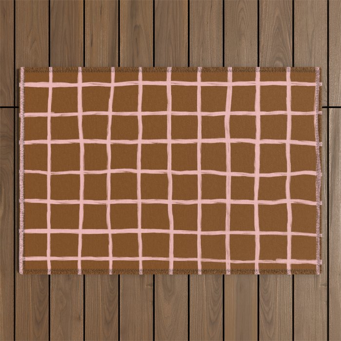 Neutral Tan Chequered Grid Outdoor Rug