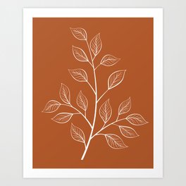 Delicate White Leaves and Branch on a Rust Orange Background Art Print