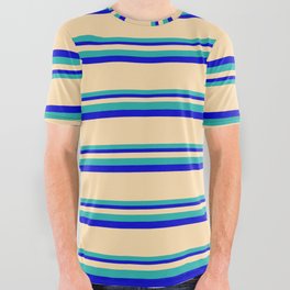 [ Thumbnail: Tan, Light Sea Green & Blue Colored Striped Pattern All Over Graphic Tee ]