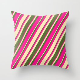 [ Thumbnail: Dark Olive Green, Deep Pink, and Beige Colored Stripes/Lines Pattern Throw Pillow ]
