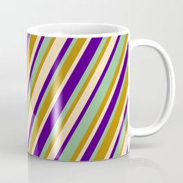 [ Thumbnail: Tan, Indigo, Dark Sea Green, and Dark Goldenrod Colored Stripes/Lines Pattern Coffee Mug ]