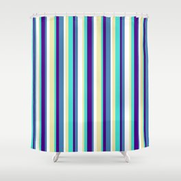 [ Thumbnail: Eye-catching Turquoise, Indigo, Blue, White, and Pale Goldenrod Colored Lines Pattern Shower Curtain ]