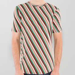 [ Thumbnail: Vibrant Light Salmon, Light Grey, Sea Green, Dark Red, and White Colored Stripes Pattern All Over Graphic Tee ]