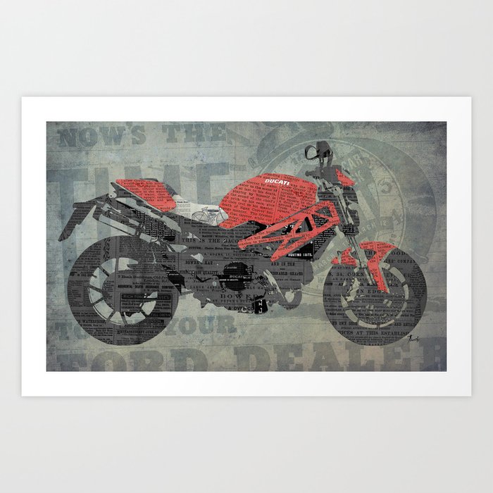 Red Motorcycle Newspaper Collage Now Is The Time Original