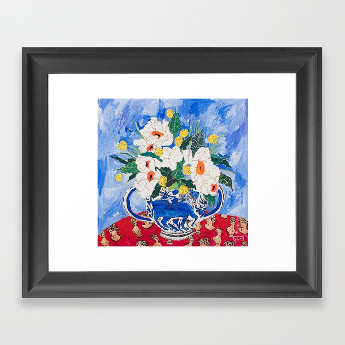 Queen of California - Giant Matilija Poppy Bouquet in Lion Vase on Blue Framed Art Print