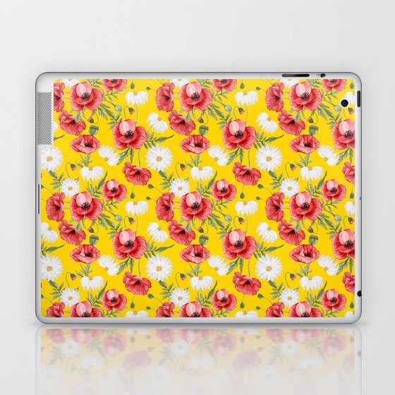Daisy and Poppy Seamless Pattern on Yellow Background Laptop & iPad Skin