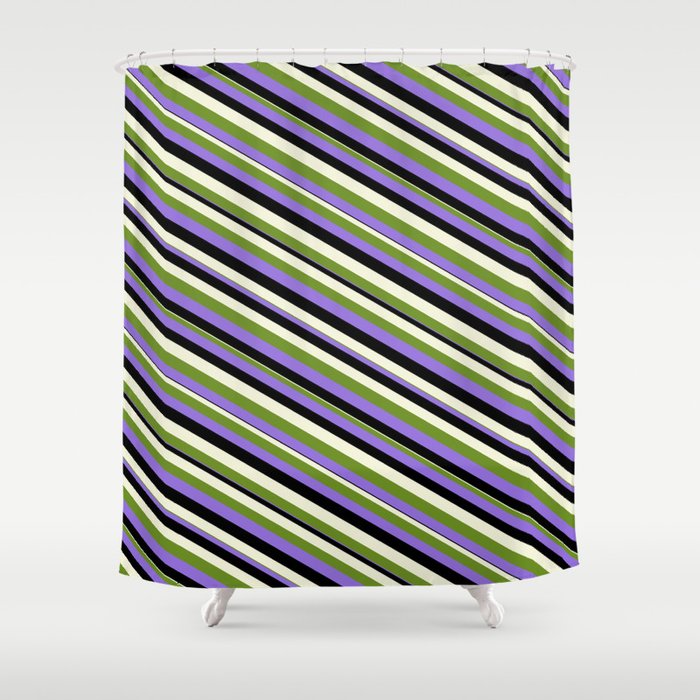 Green, Purple, Black & Beige Colored Lined Pattern Shower Curtain