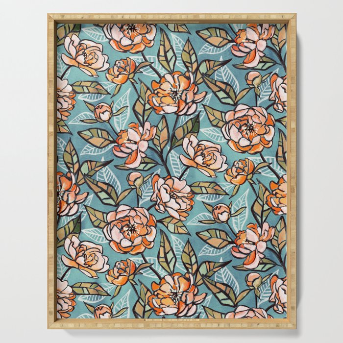 Chalk Pastel Peonies in Apricot on Soft Blue Serving Tray