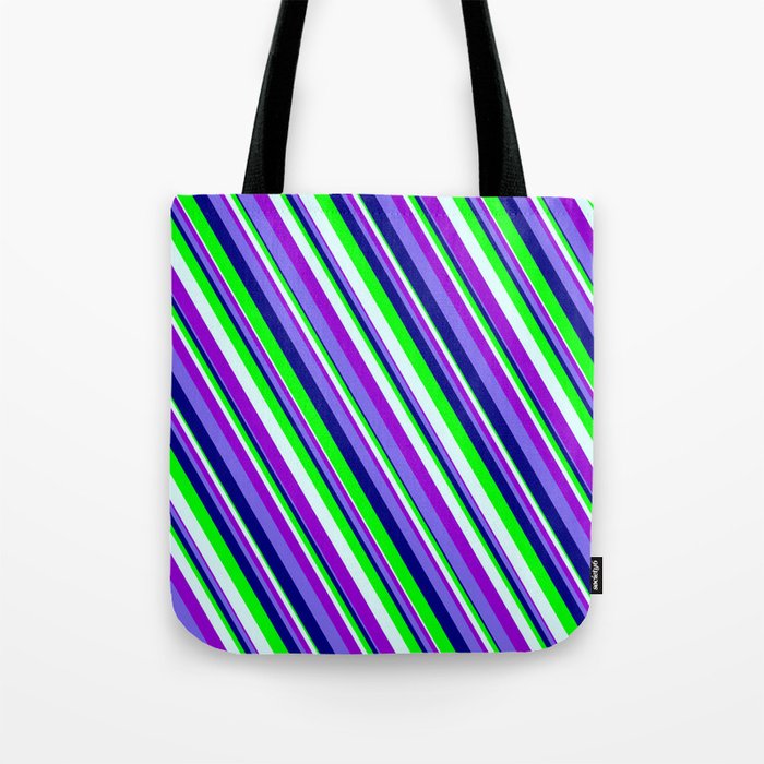 Colorful Light Cyan, Dark Violet, Medium Slate Blue, Blue & Lime Colored Lined Pattern Tote Bag