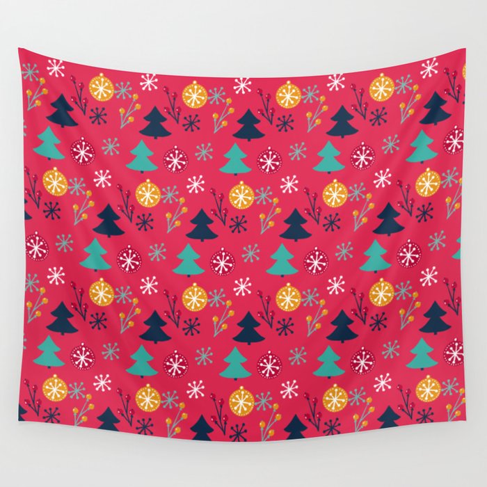 Christmas Pattern Tree Snowflake Bauble Pink Wall Tapestry