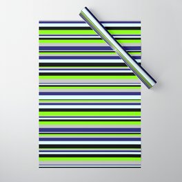 [ Thumbnail: Vibrant Chartreuse, Grey, Midnight Blue, Light Cyan & Black Colored Lined/Striped Pattern Wrapping Paper ]