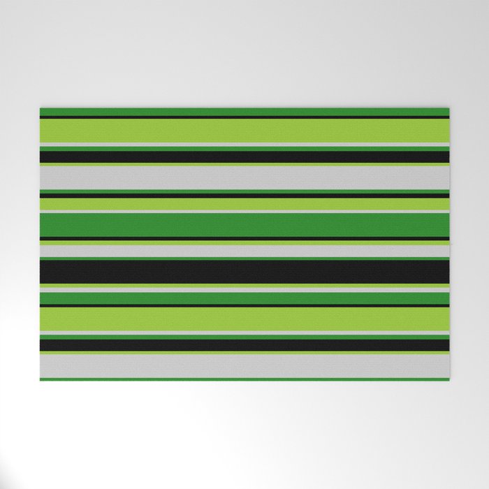 Green, Light Gray, Forest Green, and Black Colored Stripes Pattern Welcome Mat