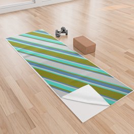 [ Thumbnail: Green, Blue, Light Gray & Turquoise Colored Striped Pattern Yoga Towel ]