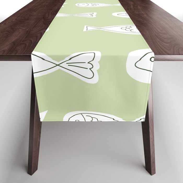 Little Fishes Pattern Cactus Green Background Table Runner