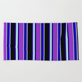 [ Thumbnail: Dark Orchid, Turquoise, Black, and Blue Colored Striped/Lined Pattern Beach Towel ]