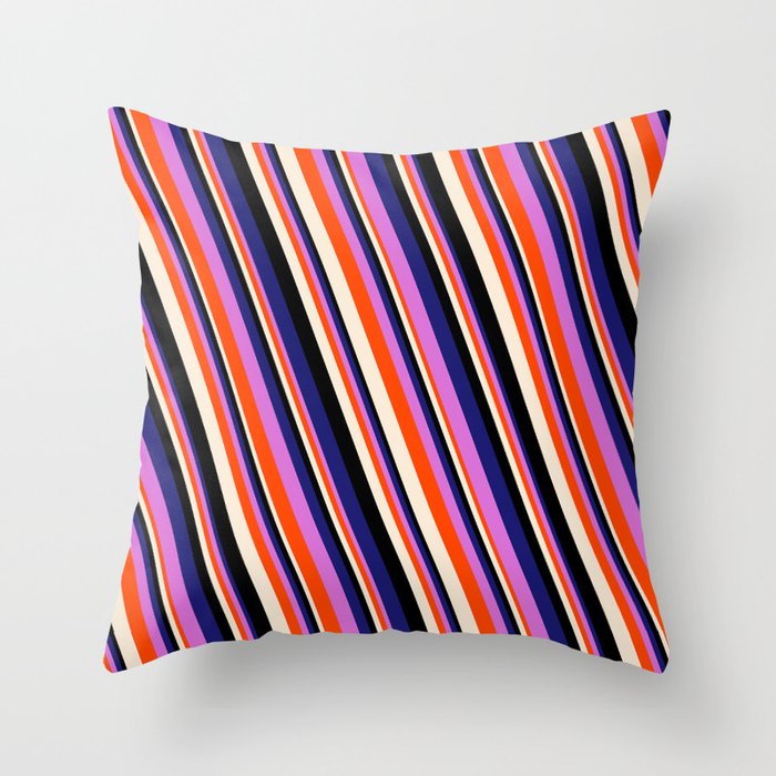 Vibrant Midnight Blue, Orchid, Red, Beige & Black Colored Striped/Lined Pattern Throw Pillow