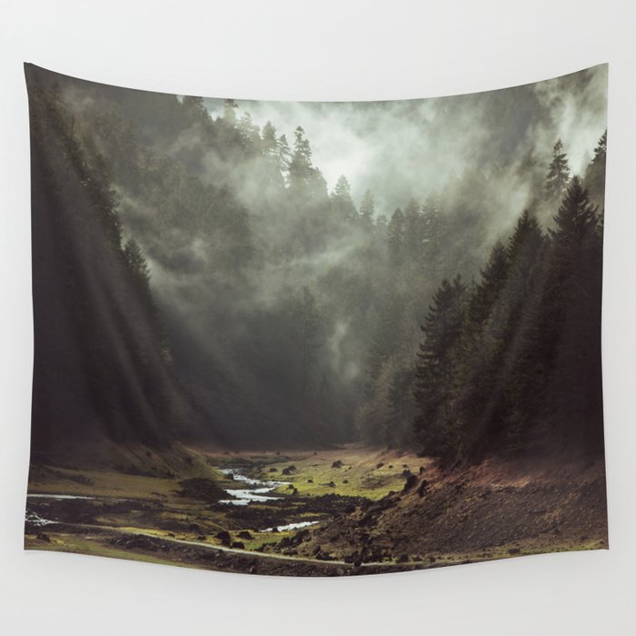 Foggy Forest Creek Wall Tapestry