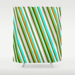 [ Thumbnail: Vibrant Dark Orange, Green, Light Pink, Mint Cream, and Aqua Colored Striped/Lined Pattern Shower Curtain ]