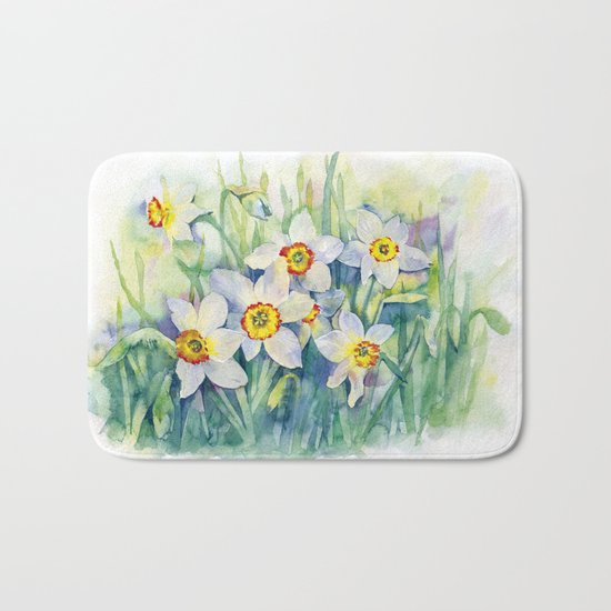 Daffodils watercolor illustration Bath Mat