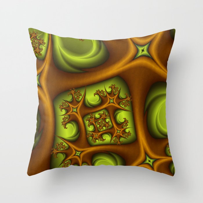 Fractal Growing, Green Brown Fantasy Shapes Throw Pillow