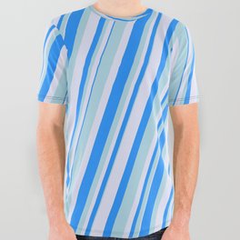 [ Thumbnail: Blue, Light Blue & Lavender Colored Lined/Striped Pattern All Over Graphic Tee ]