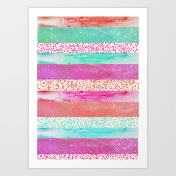 Tropical Stripes - Pink, Aqua And Peach Colorway Art Print