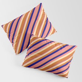 [ Thumbnail: Blue, Light Coral, Tan & Chocolate Colored Lined/Striped Pattern Pillow Sham ]