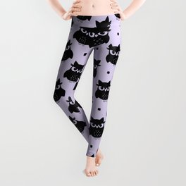 Black Cute Owl Seamless Pattern on Lilac Background Leggings