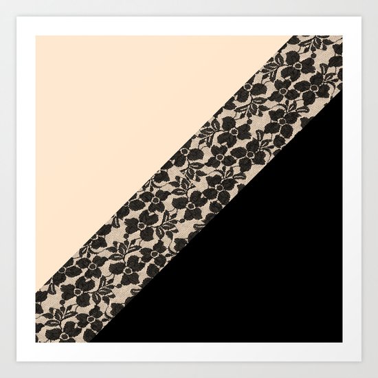 Elegant Peach Ivory Black Floral Lace Color Block Art Print