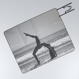 Real friends will bend over back for you; young female at the beach in bikini going into back flip black and white photograph - photography - photographs Picnic Blanket