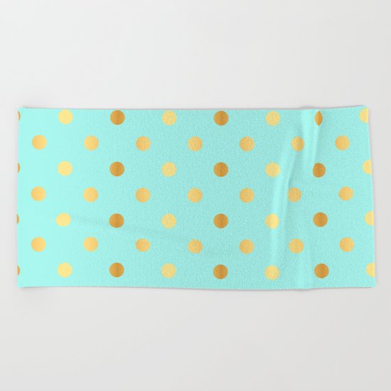 Gold foil glitter polkadots on aqua Beach Towel