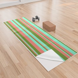 [ Thumbnail: Salmon, Green & Aquamarine Colored Stripes/Lines Pattern Yoga Towel ]