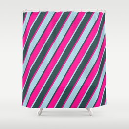 [ Thumbnail: Deep Pink, Light Blue & Dark Slate Gray Colored Lines Pattern Shower Curtain ]