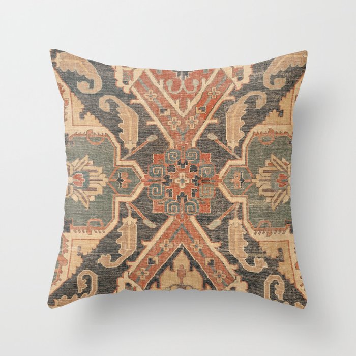 Geometric Leaves II // 18th Century Distressed Red Blue Green Colorful Ornate Accent Rug Pattern Throw Pillow