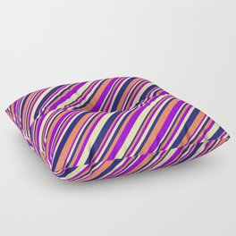 [ Thumbnail: Coral, Dark Violet, Pale Goldenrod, and Midnight Blue Colored Lined/Striped Pattern Floor Pillow ]