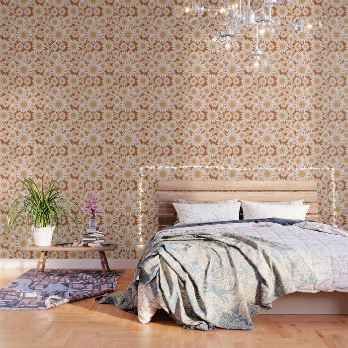 Summer Daisies, Floral Prints, Yellow and Orange Wallpaper