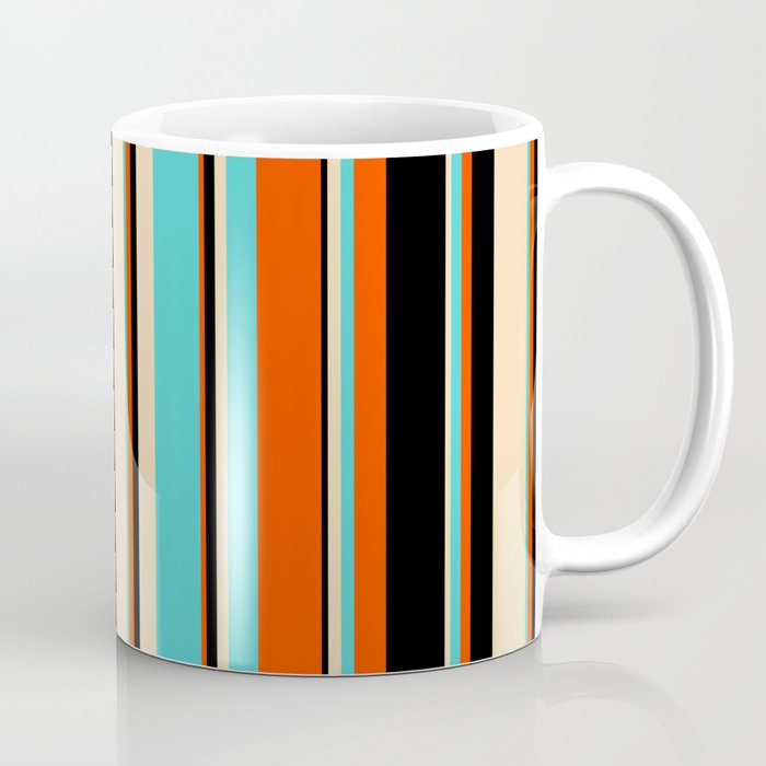 Red, Black, Tan & Turquoise Colored Lined/Striped Pattern Coffee Mug