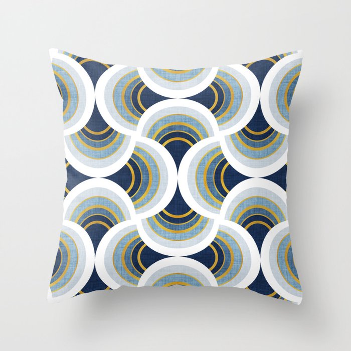 Art deco scallop elegance // blue geometric shapes golden textured lines Throw Pillow