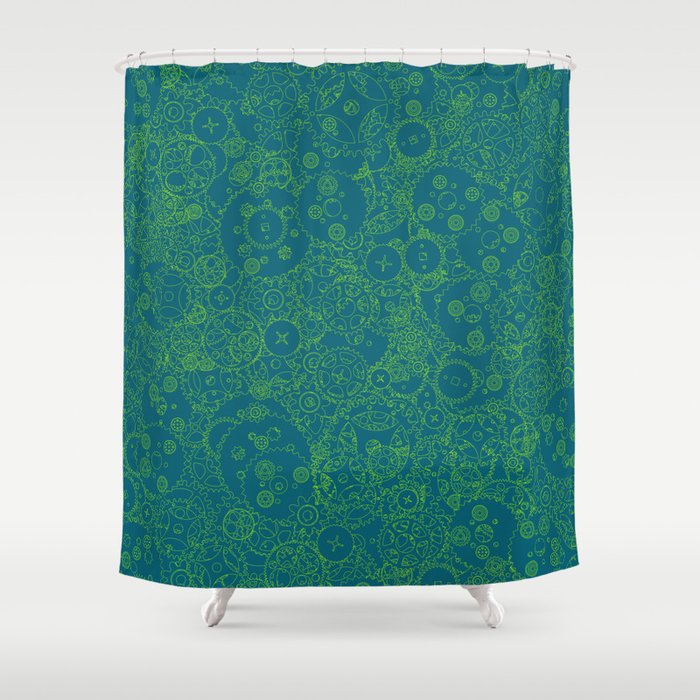 Clockwork Turquoise & Lime / Cogs and clockwork parts lineart pattern Shower Curtain