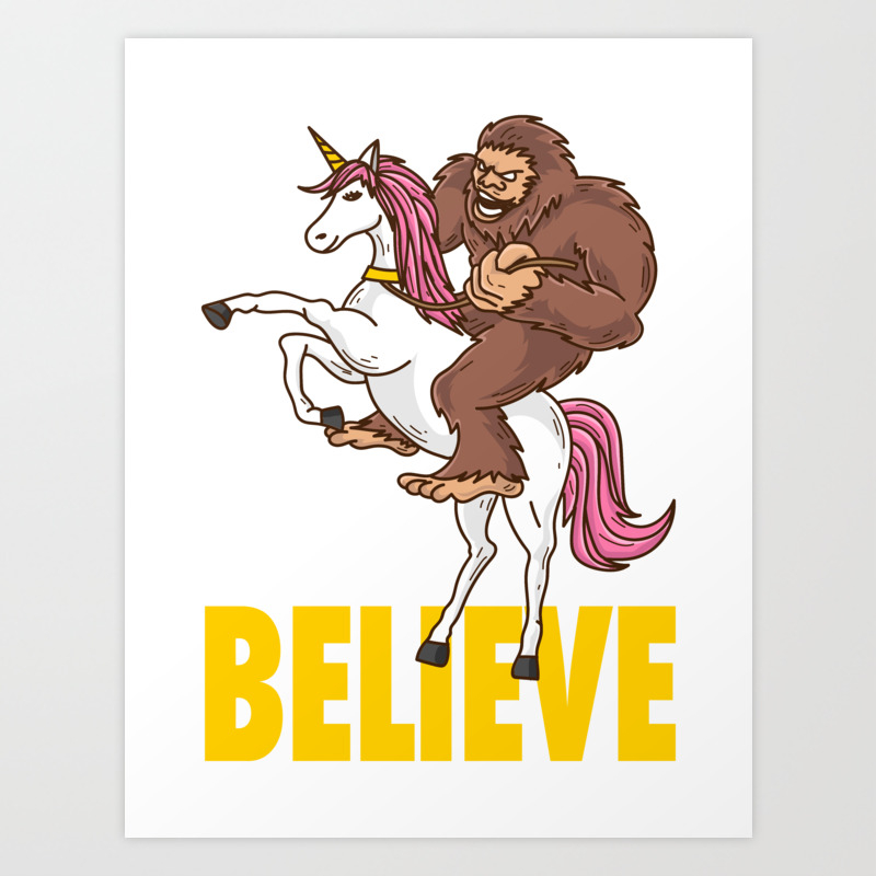 Funny Sasquatch Bigfoot Riding Unicorn Gift Art Print By Pubeast
