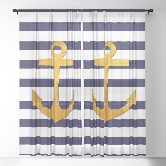 Marine pattern - blue white striped with golden anchor Sheer Curtain