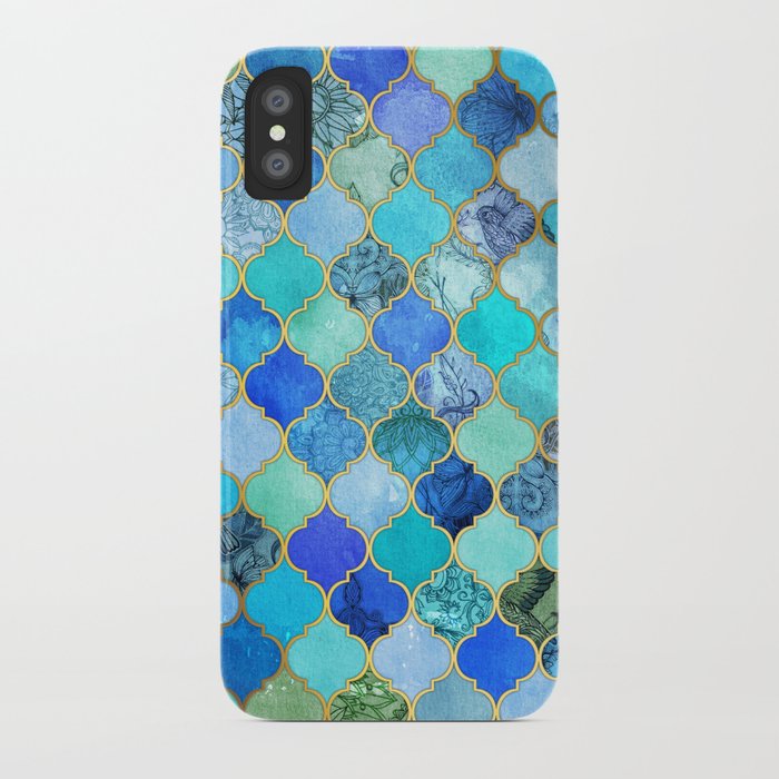cobalt blue, aqua & gold decorative moroccan tile pattern iphone case